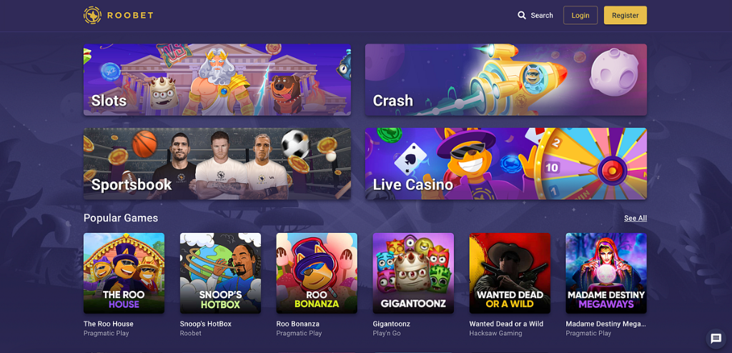 Roobet Casino — interface officielle avec slots, live casino et paris sportifs